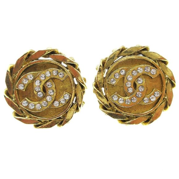CHANEL CC Logos Button Motif Rhinestone Earrings Clip-On 23 Gold 87952 - Picture 1 of 4